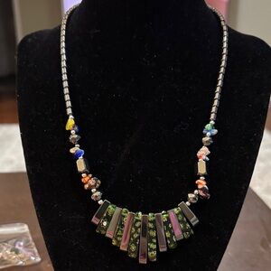 Multicolor Glass and Hematite Bar Pendant Necklace